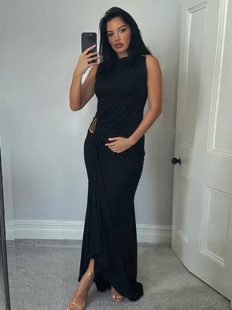 Weird Puss Classic Metal Ruched Women Dress Elegant Crew Neck Sleeveless Irregular Simple Summer Party Trend Stretch Vestidos