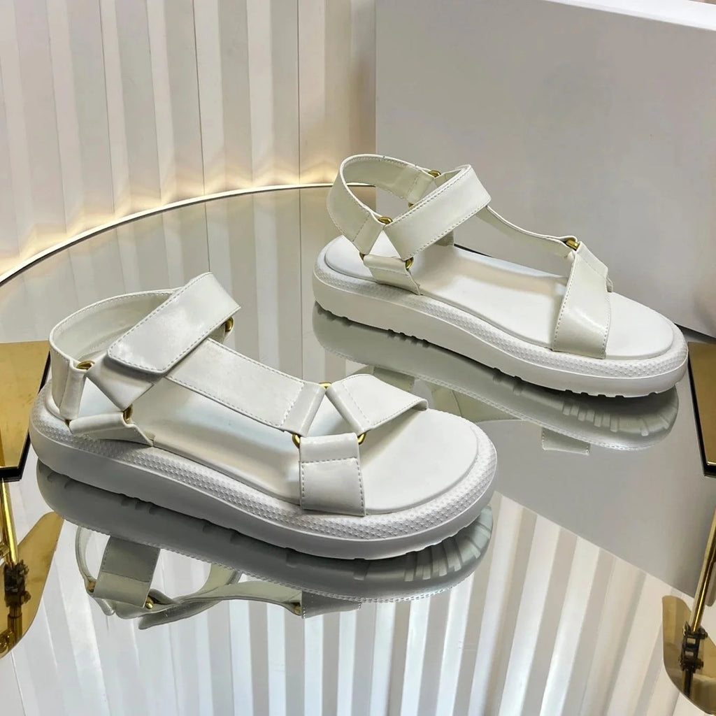 2025 New Arrival Summer Genuine Leather Open-Toe Thick Sole Woman Gladiator Sandals Magic Tape Beach Shoes Handmade Botas Mujer