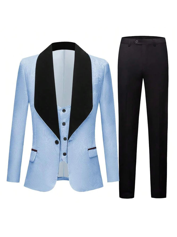 Men's three-piece floral jacquard slim-fitting suit set, including paisley pattern suit jacket, vest, and pants, suitable for ba