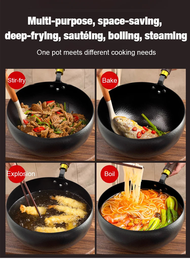 Big Belly Pot Household Hand Hammered Traditional Deepened Non-stick Iron Pot Multipurpose Uncoated Small Frying Pan with Lid