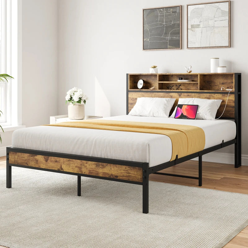 Full Size Frame Storage Headboard Metal Platform Bed With Charging Station Bookcase Storage No Box Spring Needed Easy Assembly