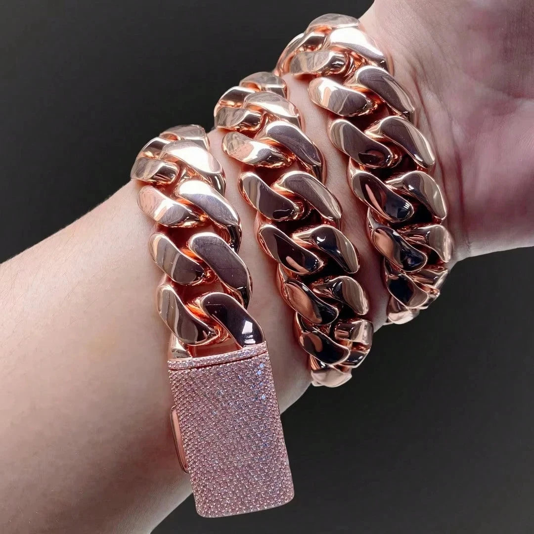 14-22mm Rose Gold  316L Stainless Steel  Cuban Miami Link Chain Iced Out CZ Box Clasp Necklace Fashion Hip Hop Unisex Jewelry