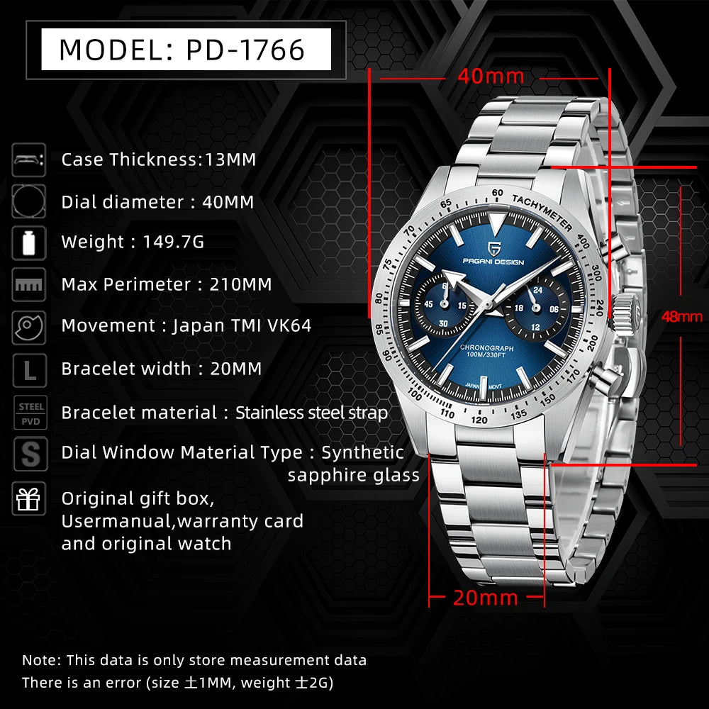 PAGANI DESIGN Retro Wide Arrow Watches Luxury Quartz Watch Men Sport Speed Chronograph Japan VK64 AR Sapphire glass 2024 New