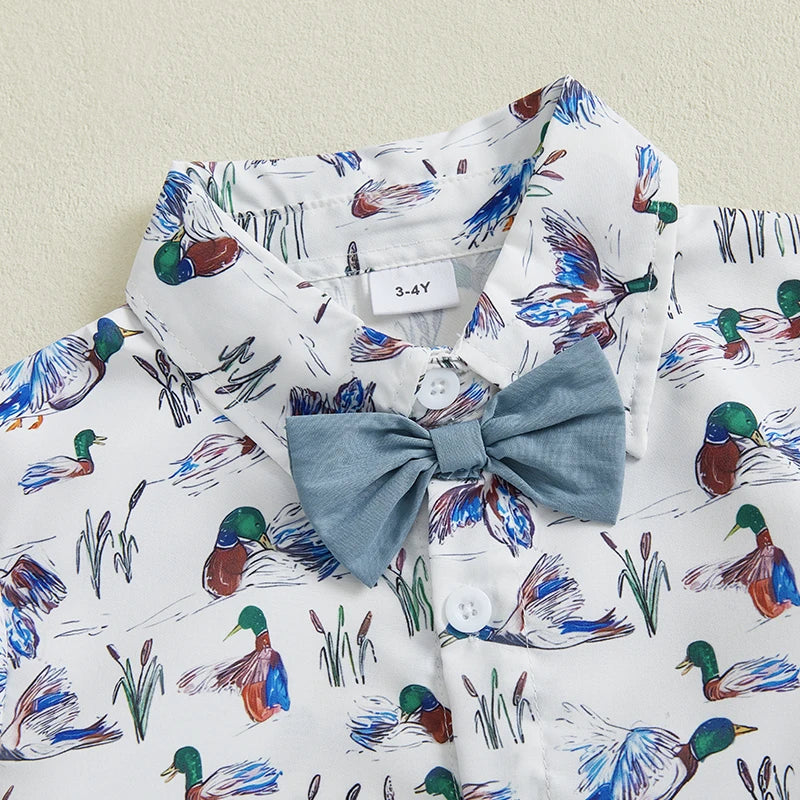 Baby Boy Casual Outfits Dinosaur Print Short Sleeve Collared Shirt with Denim Shorts 2Pcs Set for Summer Wear