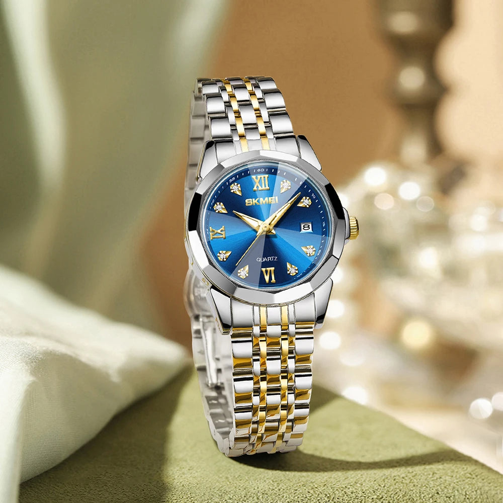 SKMEI Luxury  Quartz Wristwatch For  Women Stainless Steel Waterproof All-Steel Wristwatch Ladies Casual Week Date Waterproof