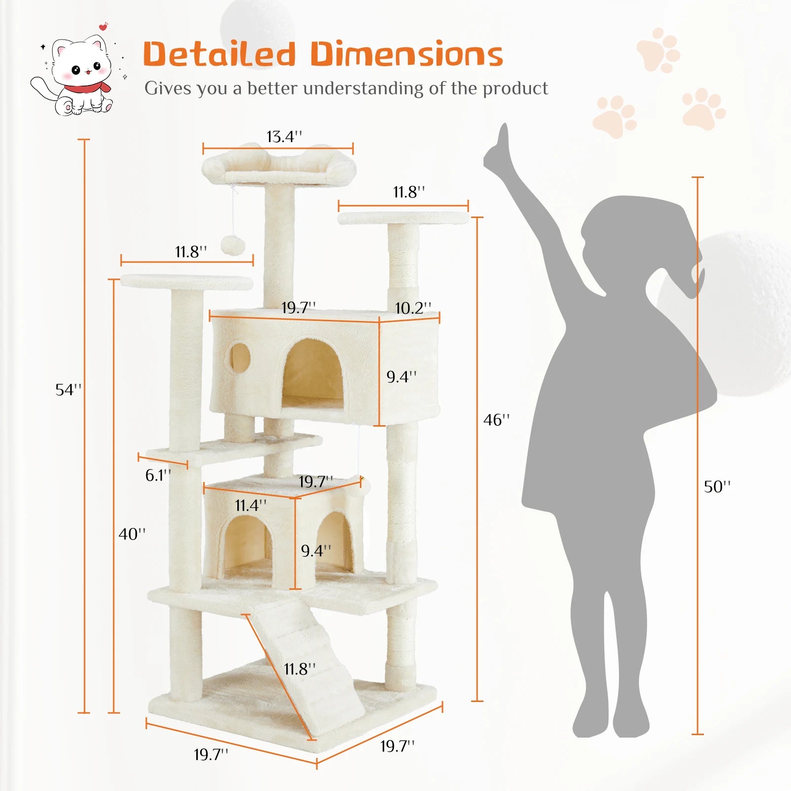 JHK 54in Tall Multi-Level Cat Tree Tower for Indoor Pet Furniture Stable Kitty Play House with Sisal Scratching Post for Home