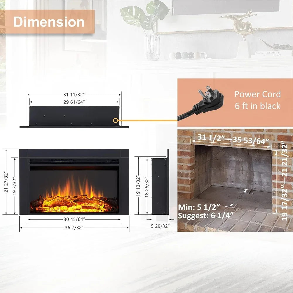 LegendFlame Jaden 36 Electric Fireplace Insert, 22 Tall, with Front Trim, Fire Crackling Sound, 750W/1500W Heater, Remote Contro