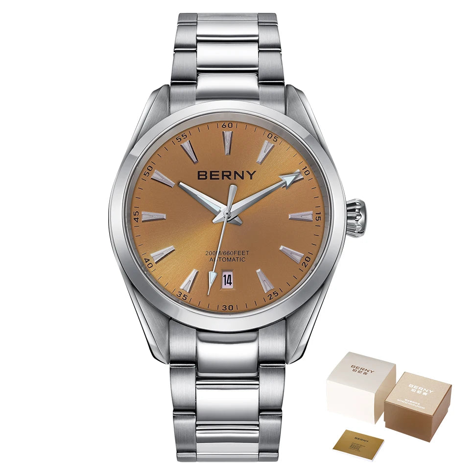 BERNY Men Mechanical Wristwatch PT5000 Automatic Watch For Male Stainless Steel Luminous Sapphire 20ATM Waterproof Mens Watch