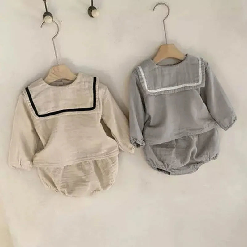 Infant Baby Boys Girls Clothes Suit Navy Collar Long Sleeve Cotton T-shirt +PP Shorts Spring Autumn Baby Boys Girls Clothes Set