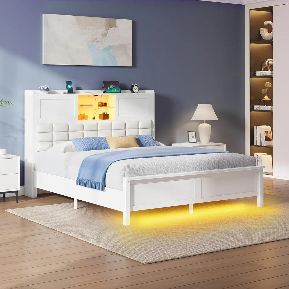 LED Twin Size Bed Frame with Charging Station, Platform Beds with Wooden Slats, No Box Spring Needed, Noise Free, Bed Frame