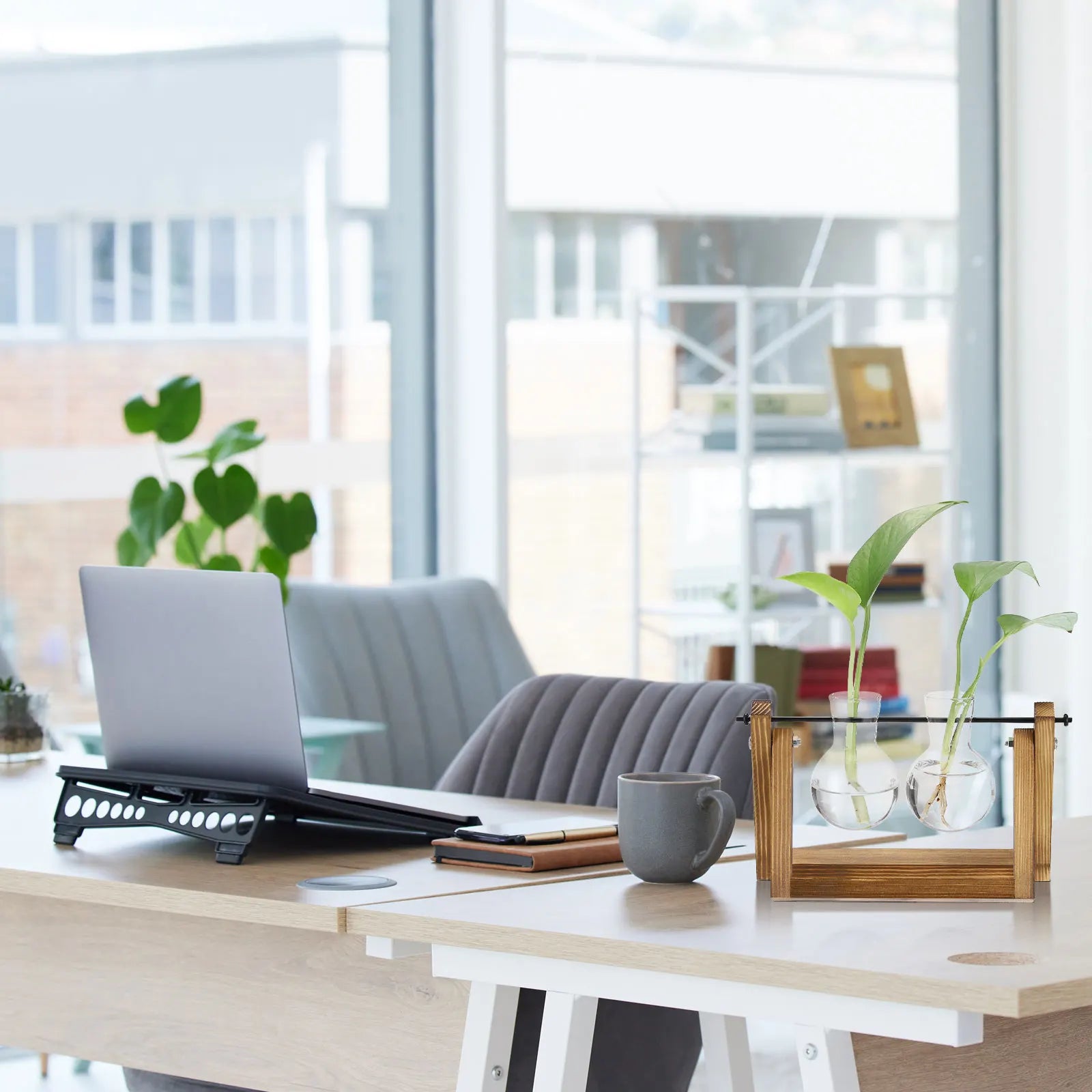 Propagation Vases with Wooden Stand, Wall Hanging Plant Vase for Hydroponics Plants Home Decor Gifts, Wood Color (3 Bulb)