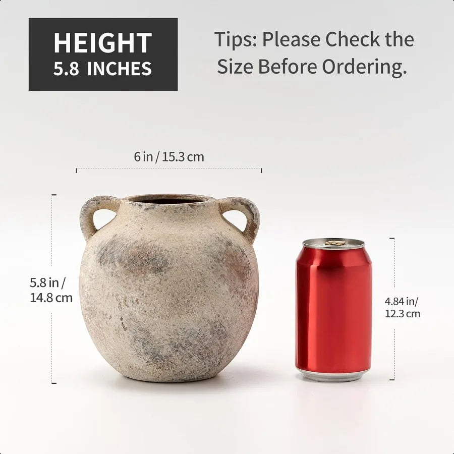 Ceramic Terracotta Vase with Handles 5.8 Inch Decorative Rustic Vase for Home Decor Farmhouse Living Room Table Gray Set of 1