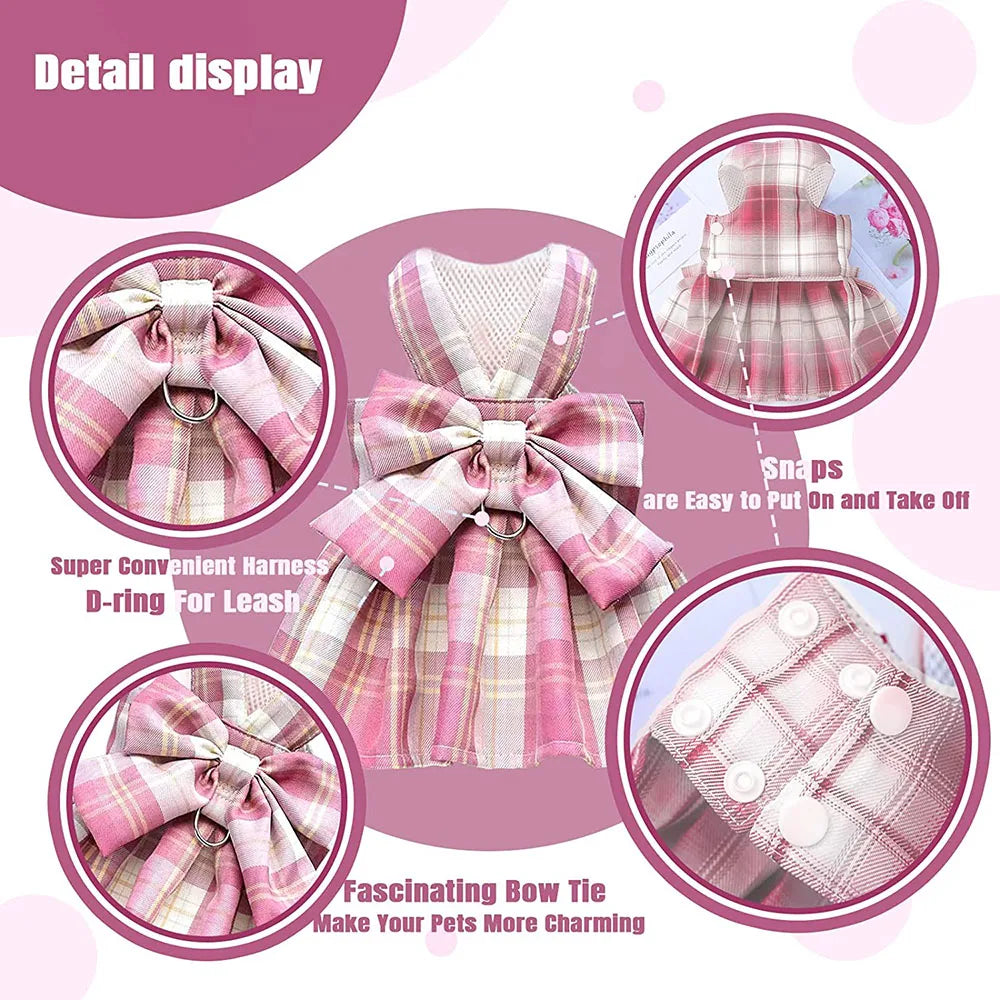 Plaid Dog Dress Bow Tie Harness Leash Set for Small Dogs Cats Girl Cute Princess Dog Dress Puppy Bunny Rabbit Clothes Pet Outfit
