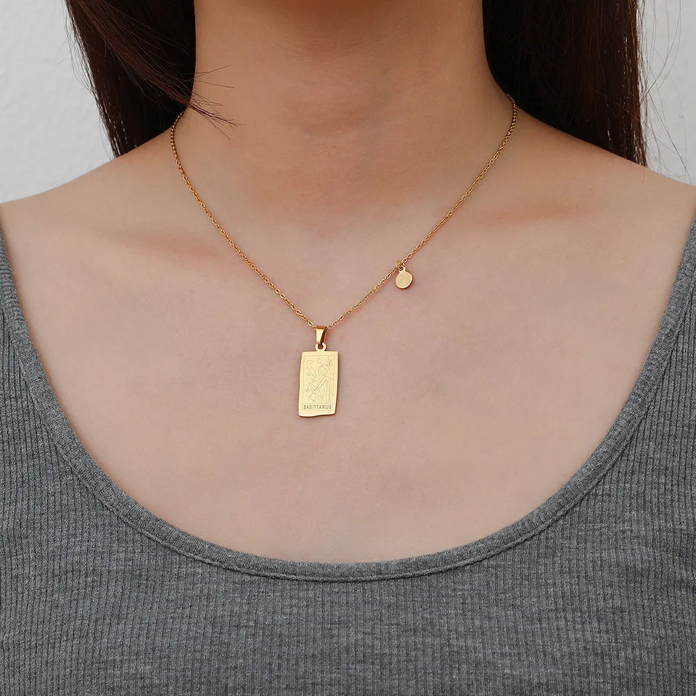 Stainless Steel Square Tarot Card Pendant Women Necklace Twelve Constellations Gold-Plated Clavicle Chain Horoscope Gifts