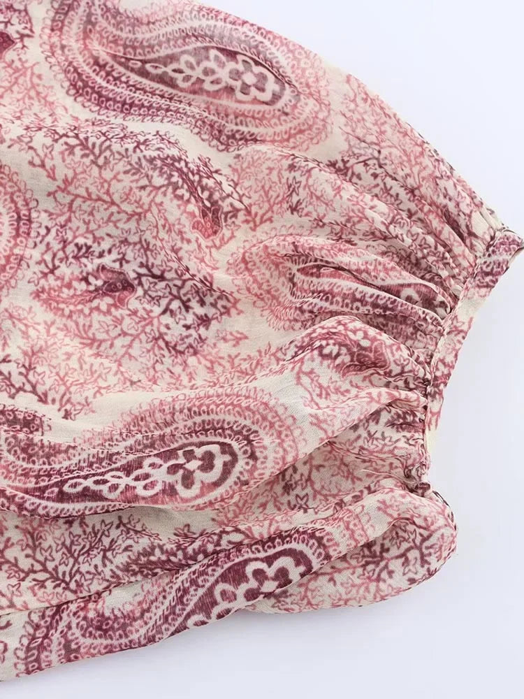 2025 Women Summer MIDI Dress Vintage Print Chiffon V-Neck Cascading Ruffle Long Sleeve Female Elegant Street Dresses Clothing