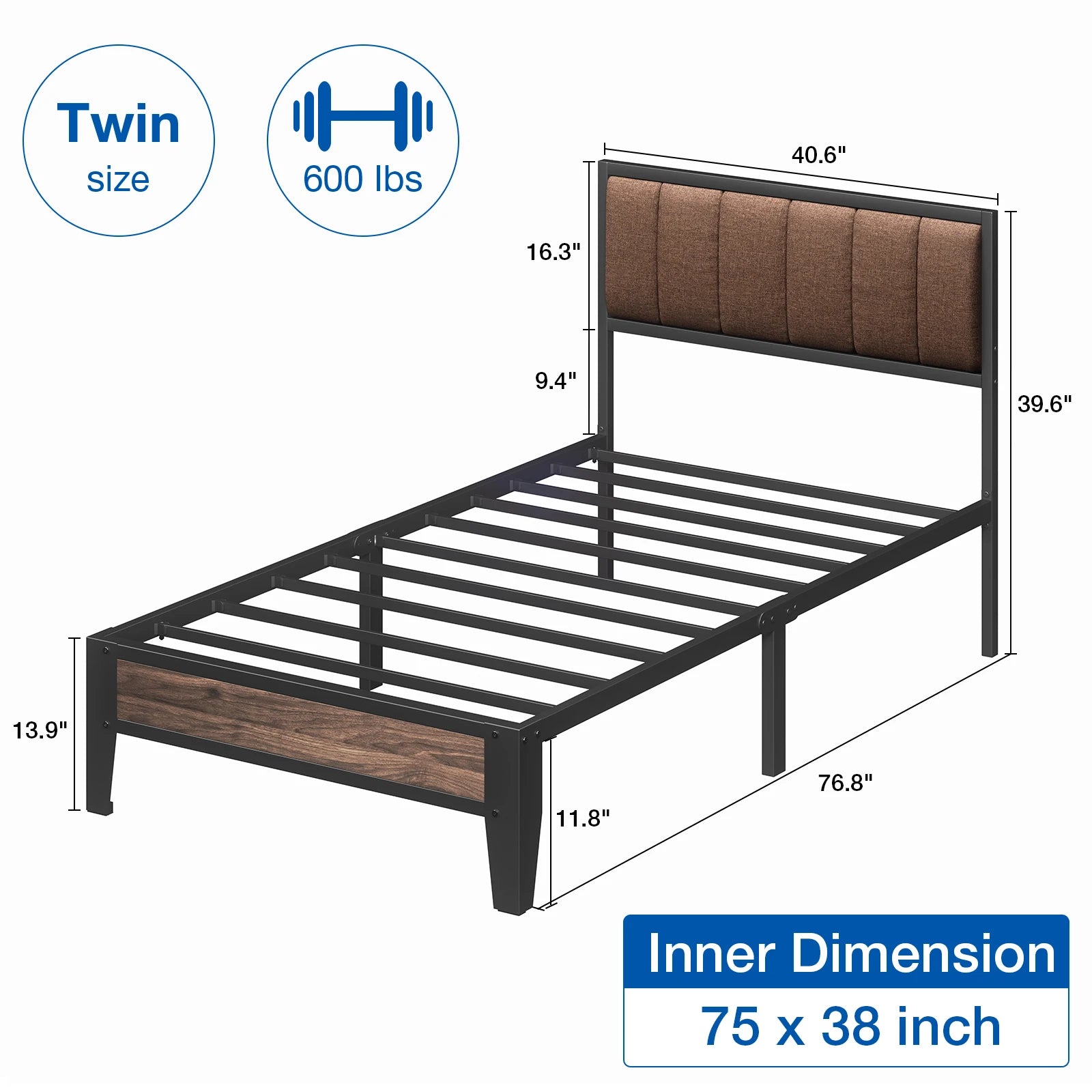 Twin/Full Bed Frame, Headboard Upholstered Bed Frame Platform, All Metal Slats Support Platform Bed Frame with Storage Space