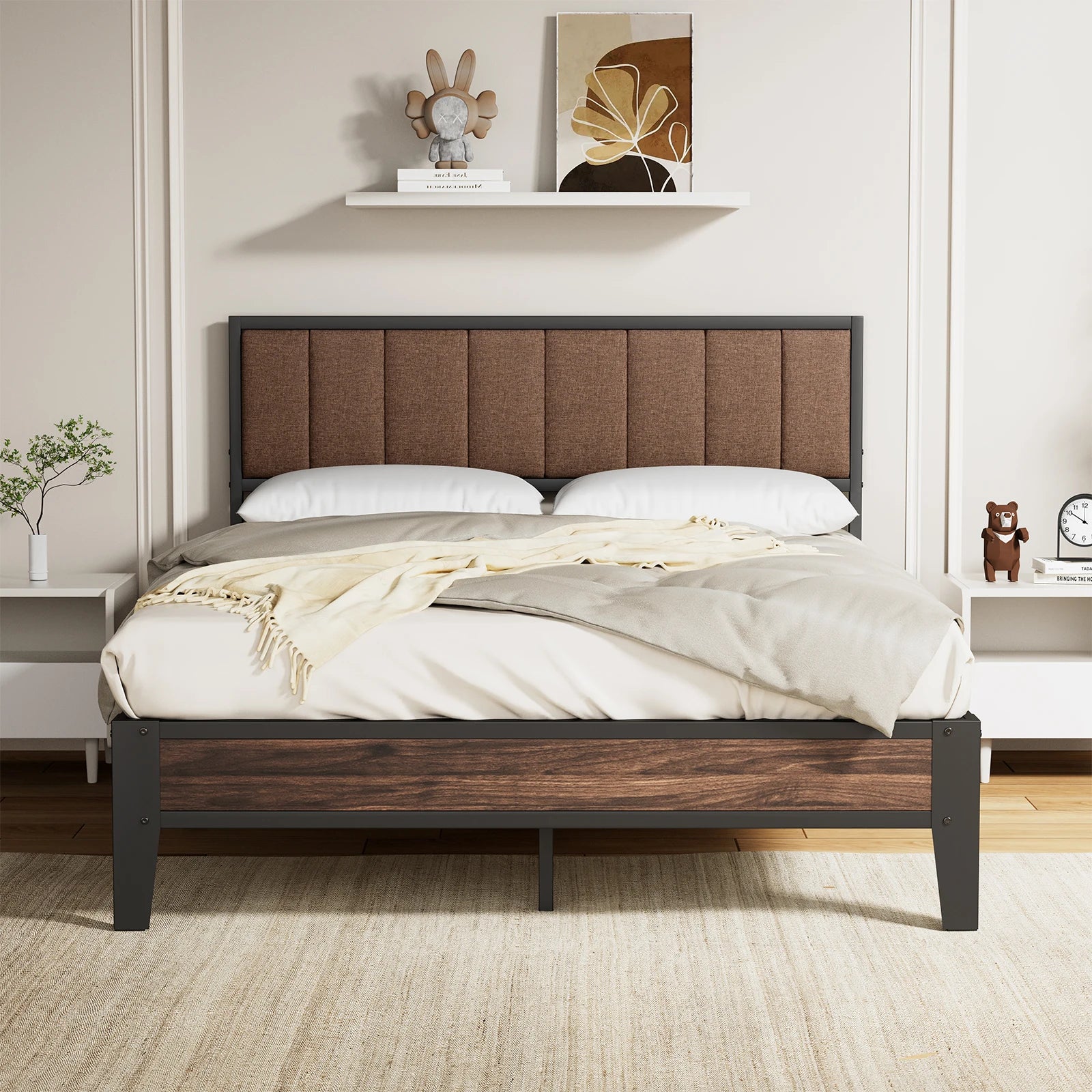 Twin/Full Bed Frame, Headboard Upholstered Bed Frame Platform, All Metal Slats Support Platform Bed Frame with Storage Space