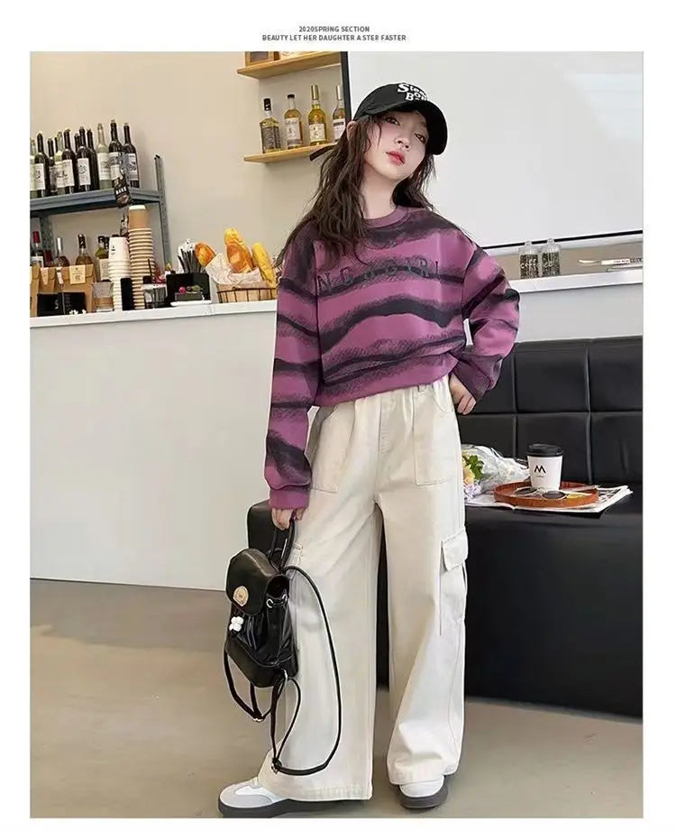 2025 autumn spring Girls clothes Sweatshirt Kids teens dress top Child striped letters hooded tracksuit 4 6 7 8 9 10 11 12 year