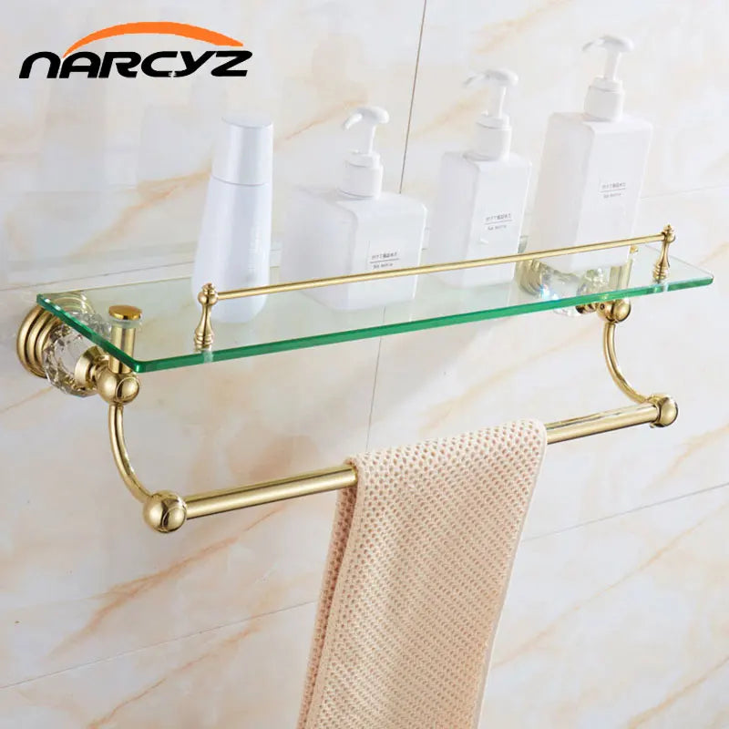 European-style Gold Glass shelf double bathroom cosmetic rack Bathroom Towel Rack Crystal hardware pendant GLY50