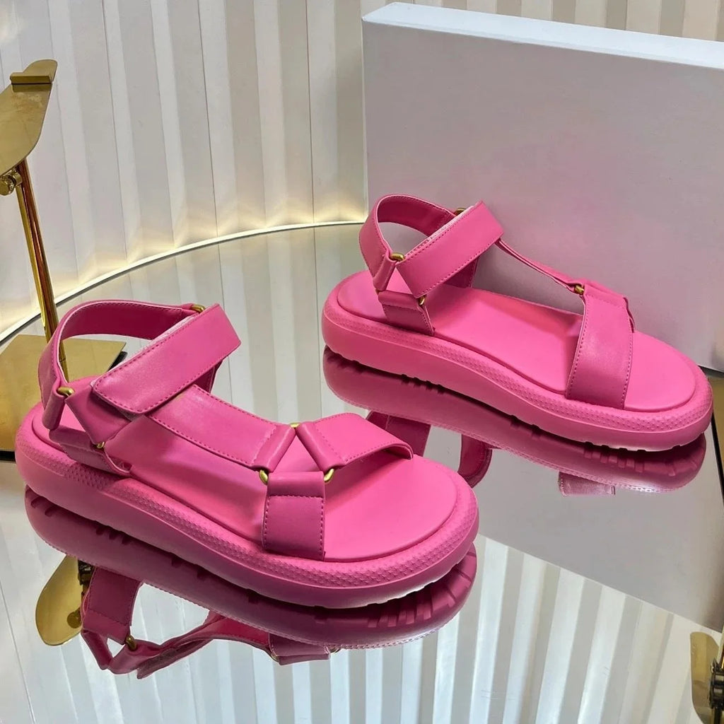 2025 New Arrival Summer Genuine Leather Open-Toe Thick Sole Woman Gladiator Sandals Magic Tape Beach Shoes Handmade Botas Mujer