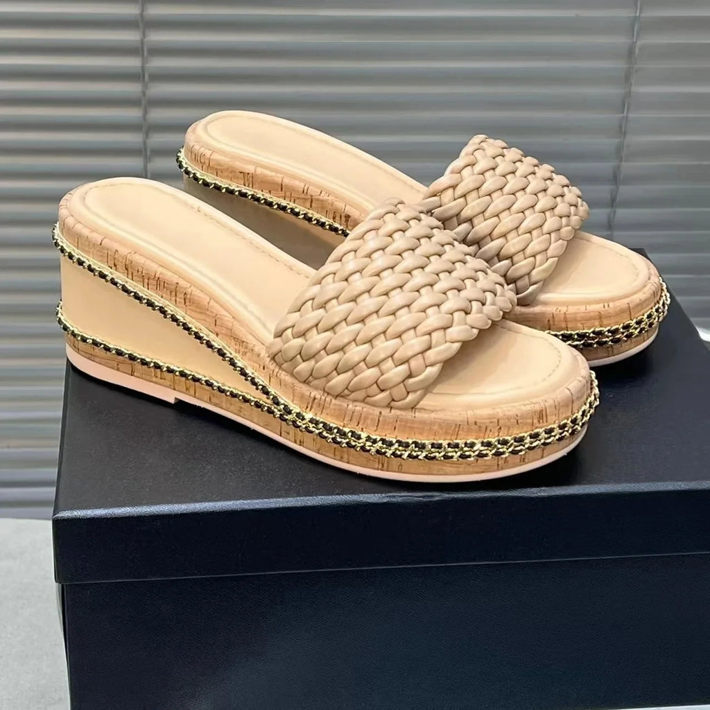 2025 New Arrival Handmade Genuine Leather Open-Toe Wedges Woman Slippers Weave Beach Slides Platform Elevator Shoes Botas Mujer
