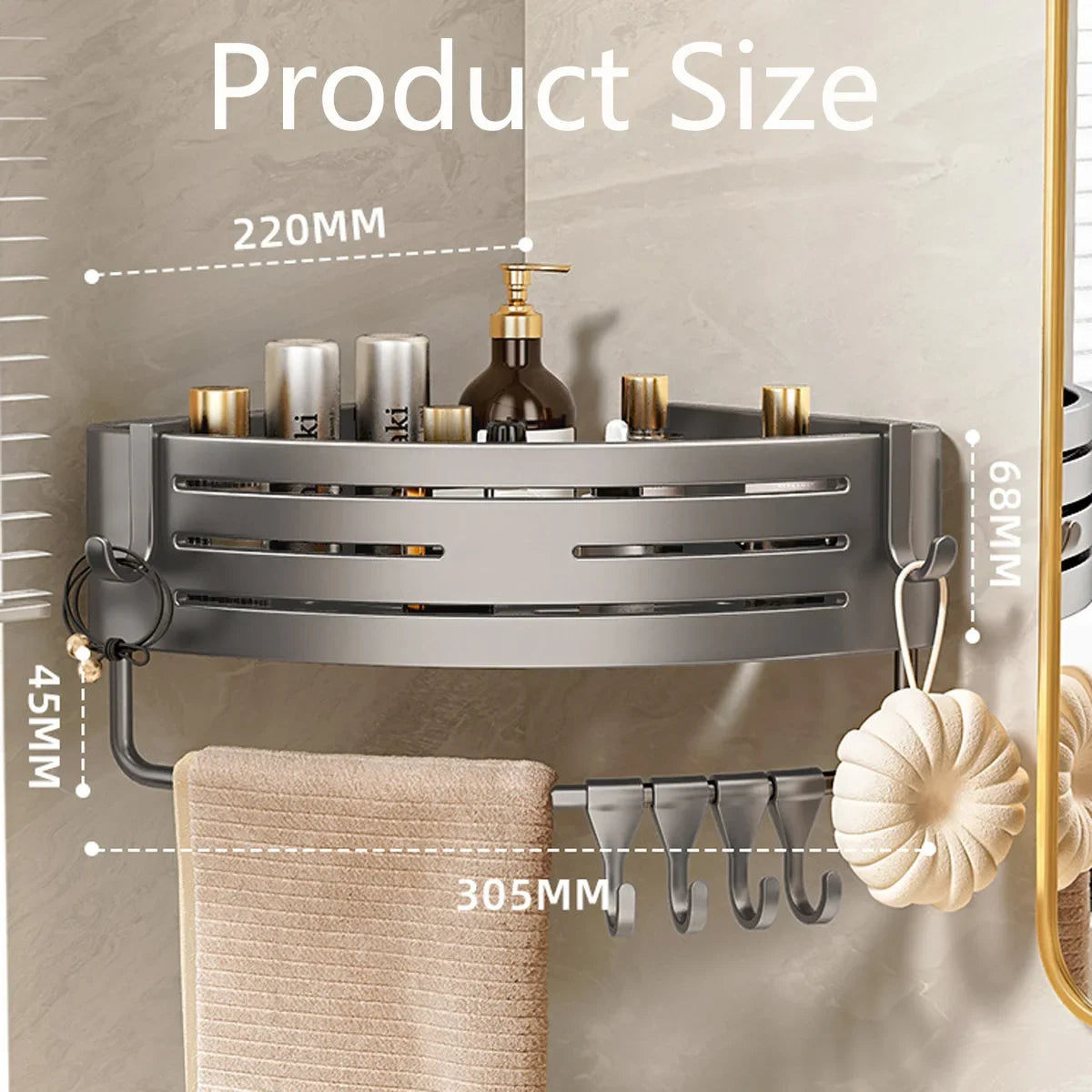 1-2PCS Shower Corner Shelf with Hook Towel Bar No Drill Space Aluminum Shower Storage Rack Bathroom Organizer