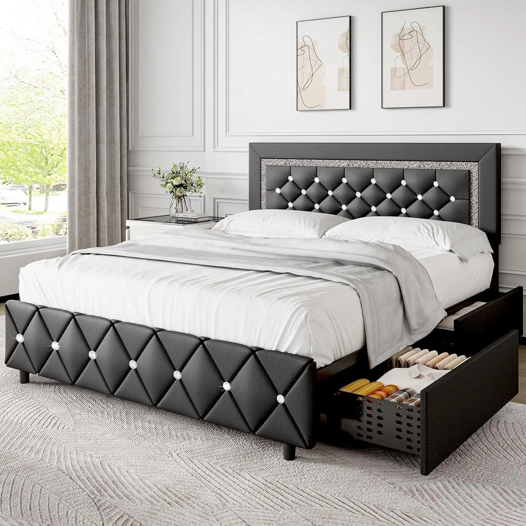 Queen Bed Frame with LED Lights, Upholstered Bed Frame with Storage Drawers, Modern Platform Bed Black