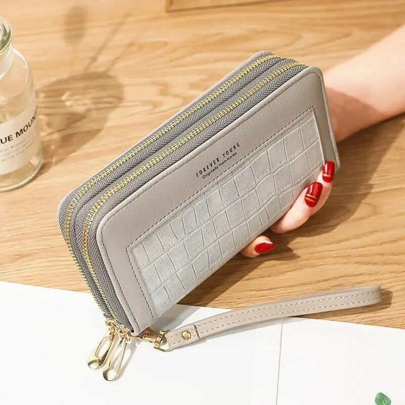 Double Zipper Long Wallet For Women Large Capacity PU Leather Clutch Mobile Phone Bag Coin Cash Card Holder Purse