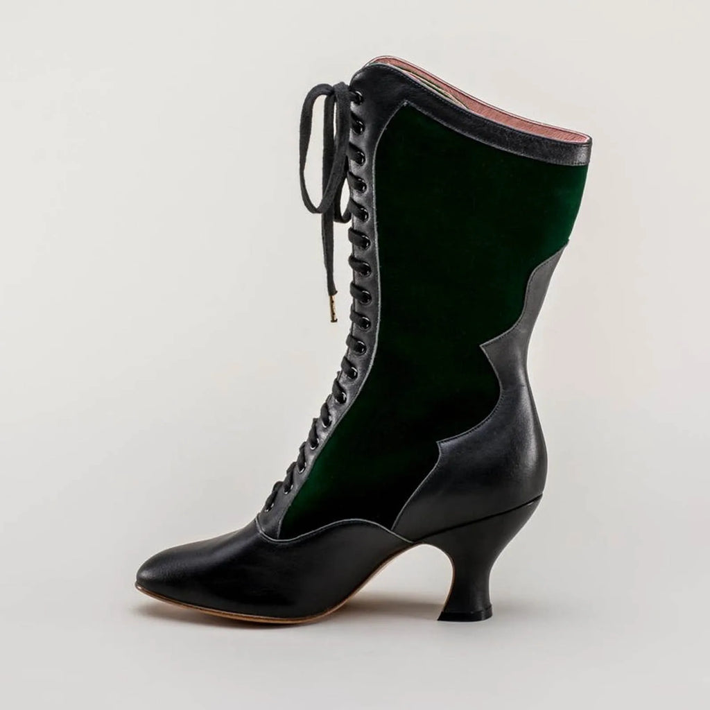 Vintage Block Heel Green Lace Up Boots For Womens Wide Calf Riding Boots Women'S Fashion Boots With Cute Cat Motif Bandage Shoes