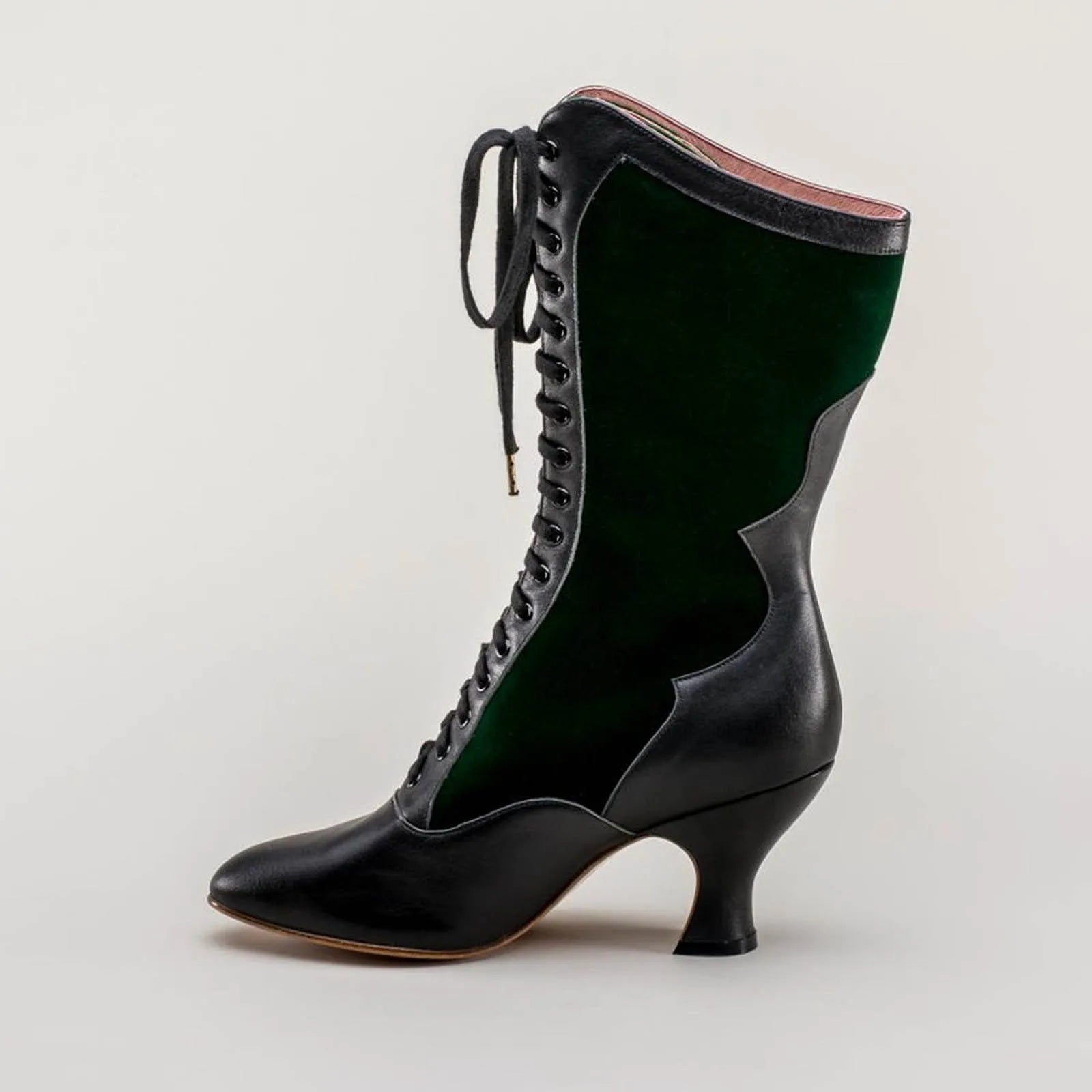 Vintage Block Heel Green Lace Up Boots For Womens Wide Calf Riding Boots Women'S Fashion Boots With Cute Cat Motif Bandage Shoes