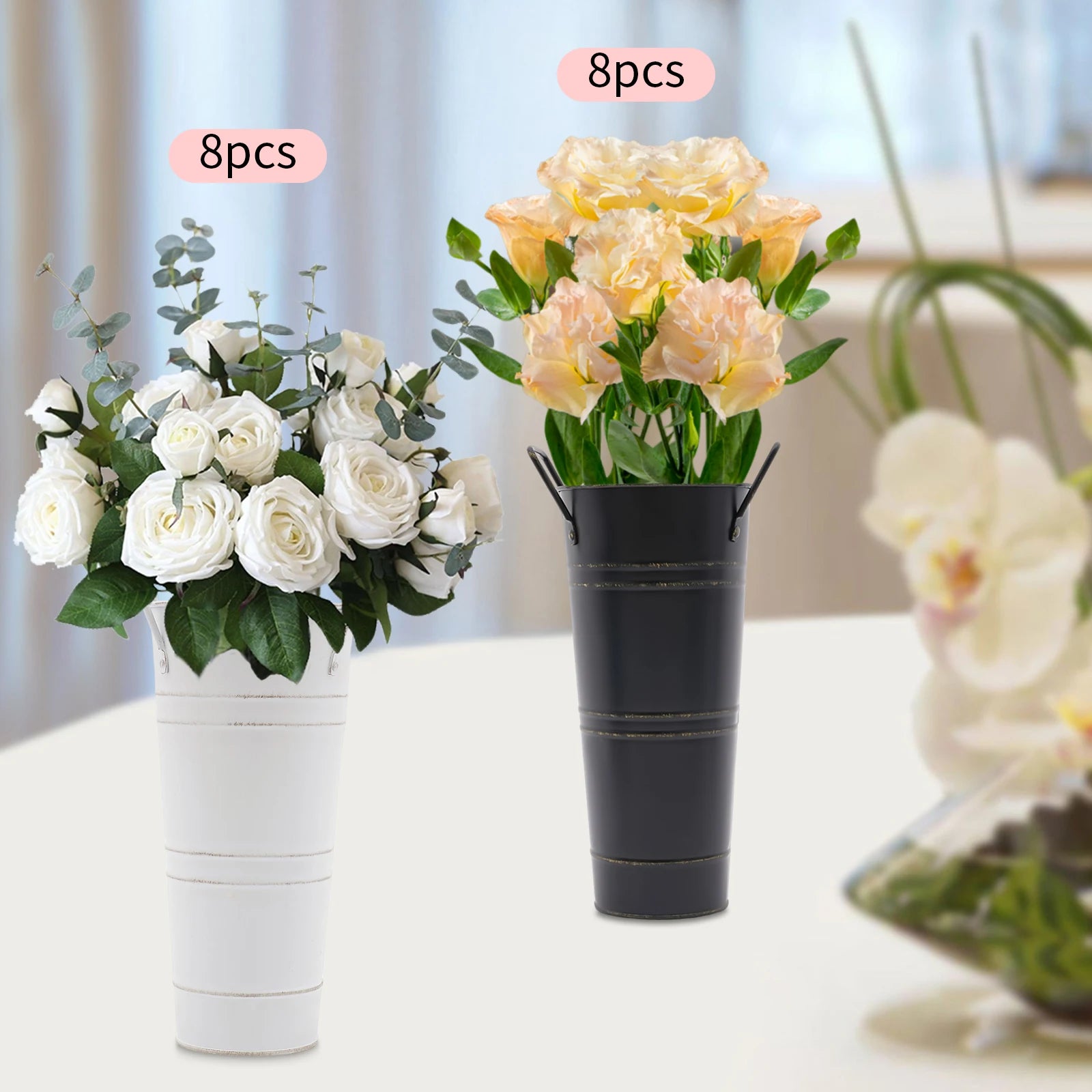 8PCS Black/White Galvanized Metal Flower Bucket Vases Metal Vases, Flower Vases For Flower Arrangements, Fresh/Dried Flowers