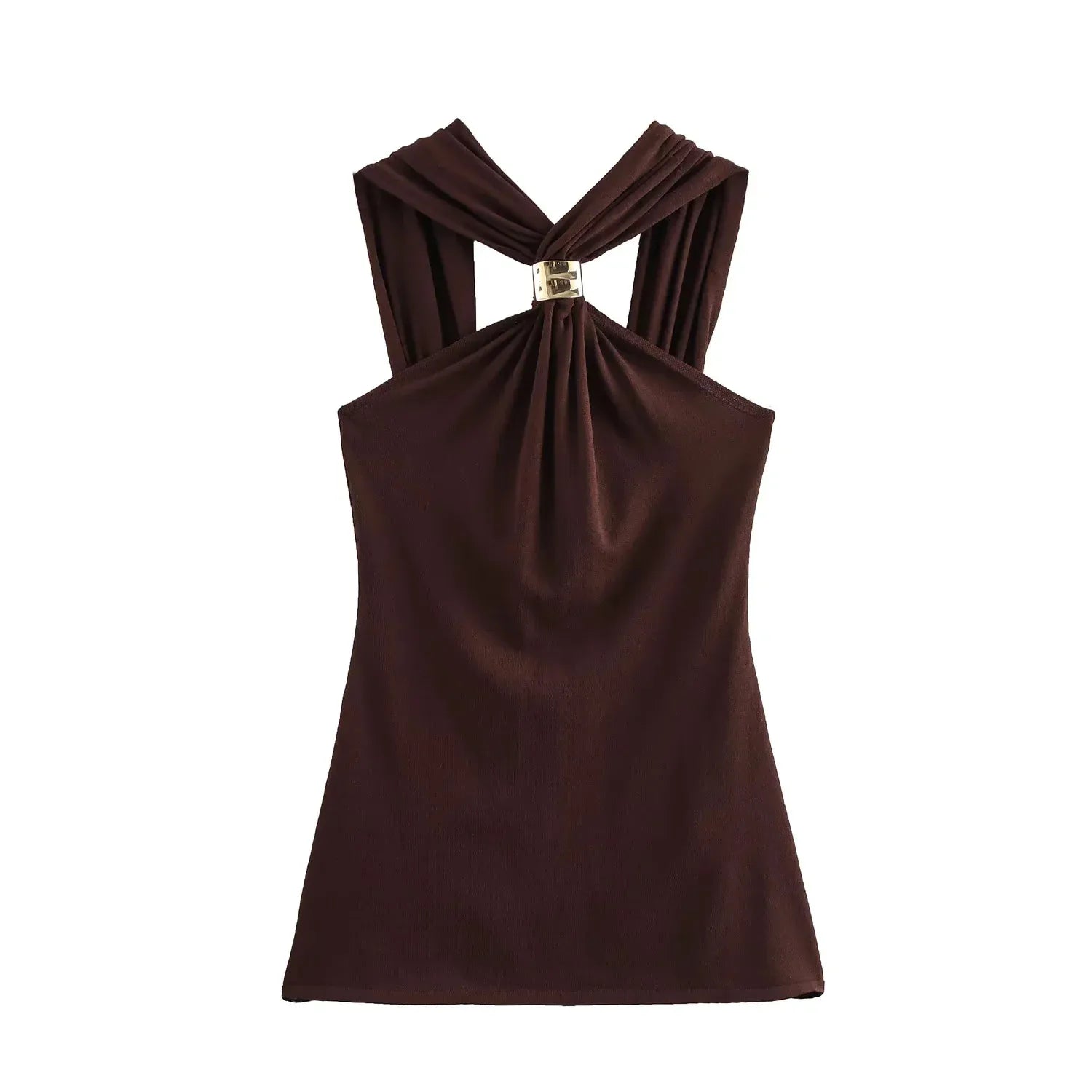 TRAF New Halter Tops Fashion Metal Decoration Crop Top Woman 2025 Sleeveless Hanging Collar Short Tops For Women Sexy Party Top