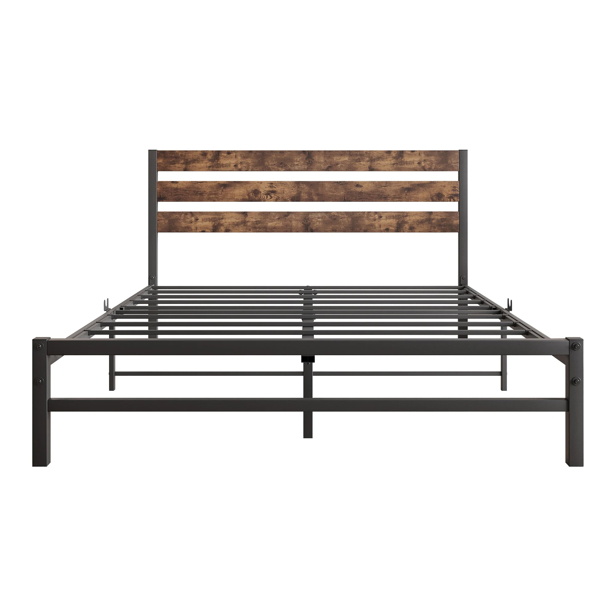 Queen Size Platform Bed Frame with Rustic Vintage Wood Headboard, Strong Metal Slats Support Mattress Foundation, No Box Spring