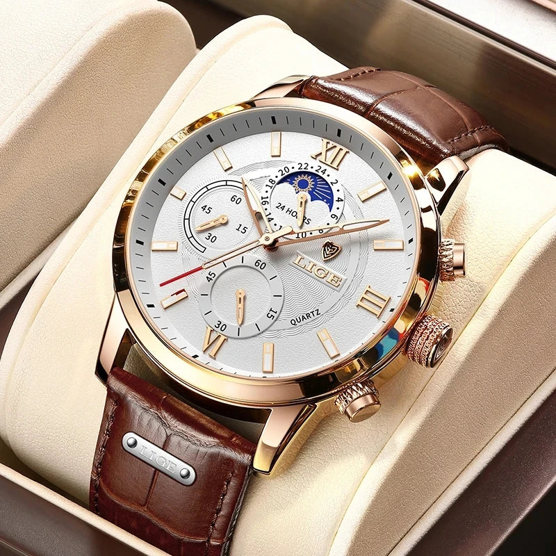 2025 New Mens Watches LIGE Top Brand Leather Chronograph Waterproof Sport Automatic Date Quartz Watch For Men Relogio Masculino
