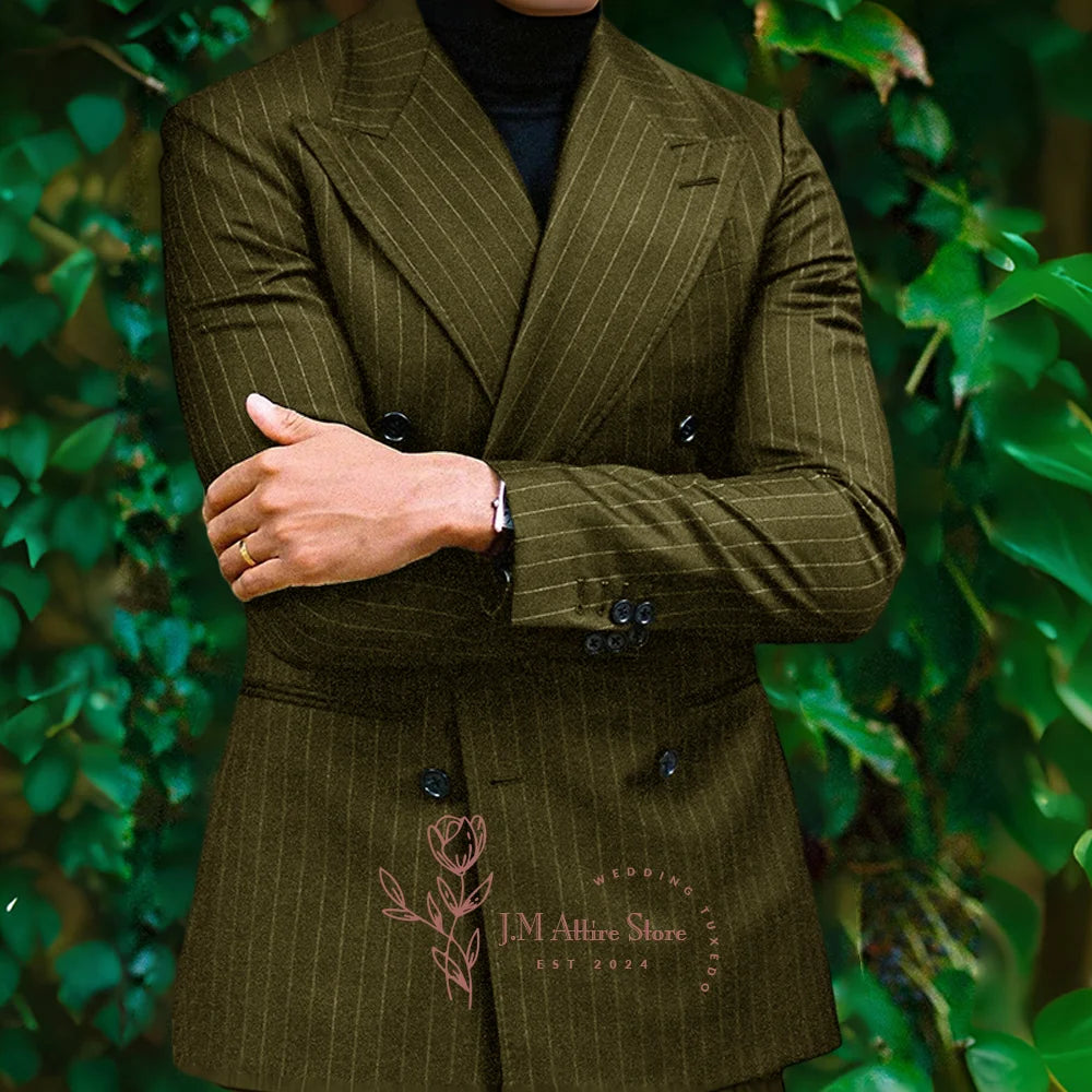 Men formal suit 2-piece set blue striped peak lapel double breasted jacket pants for wedding meeting dinner party custom tuxedo