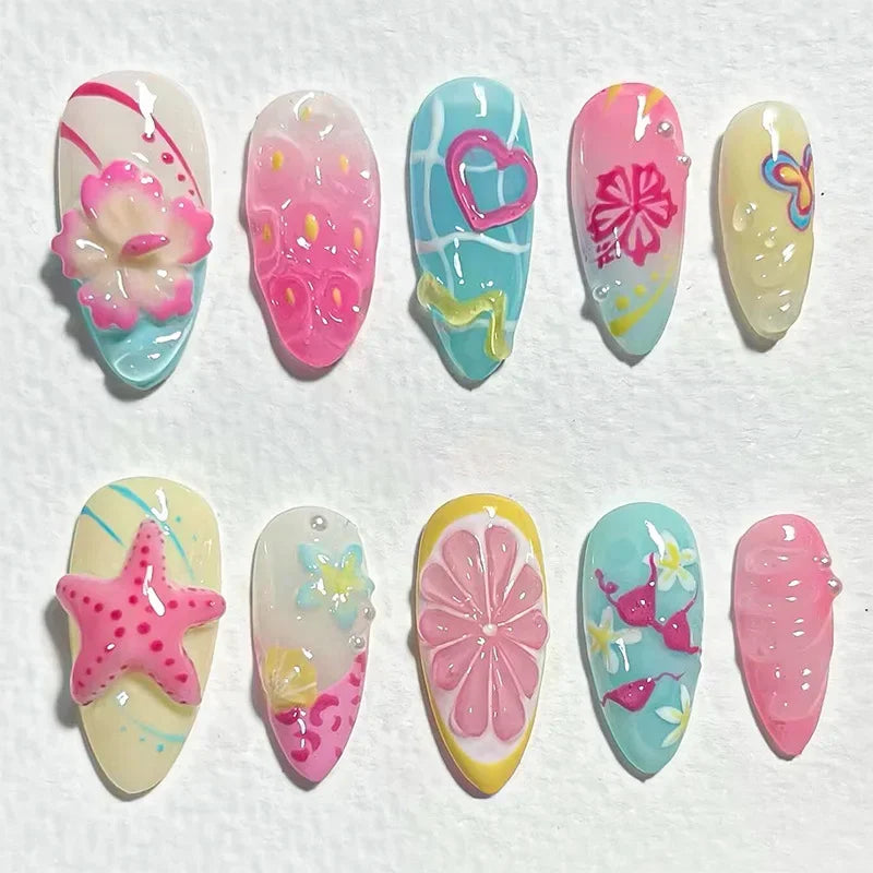 24PCS Summer Colorful Almond False Nail with 3D Flower Beach Paintings Press on Fake Nail Full Cover Wearable Manicure for Women