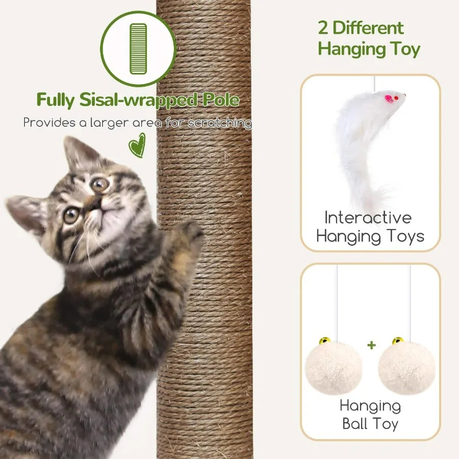 Large 70inch Tall Cat Tree Condo Tower with 4 Spacious Cat Condo Houses 3 Sisal Scratching Posts 2 Adjustable Hanging Baskets f