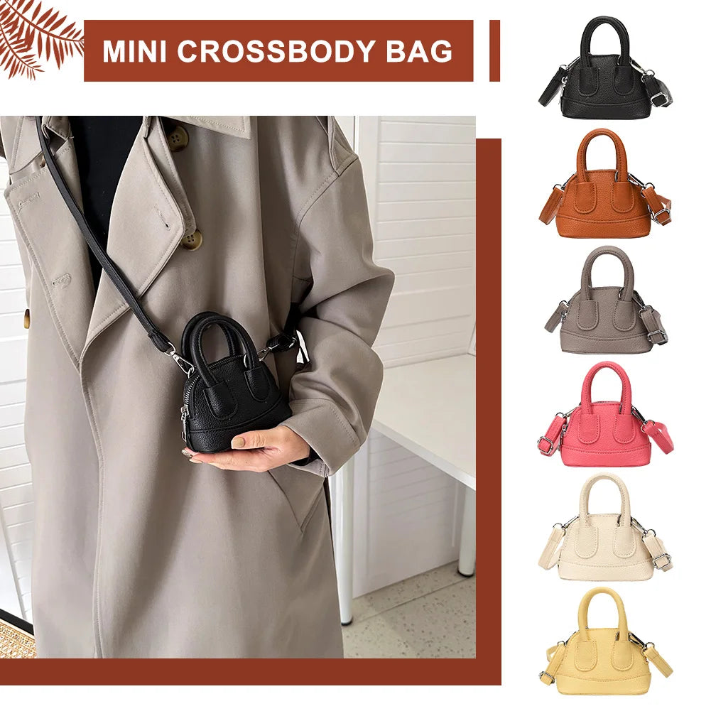 Shoulder Bag for Women Mini Shell Handbag PU Leather with Zipper Top Handle Bag Solid Color Clutch Purse for Work Travel