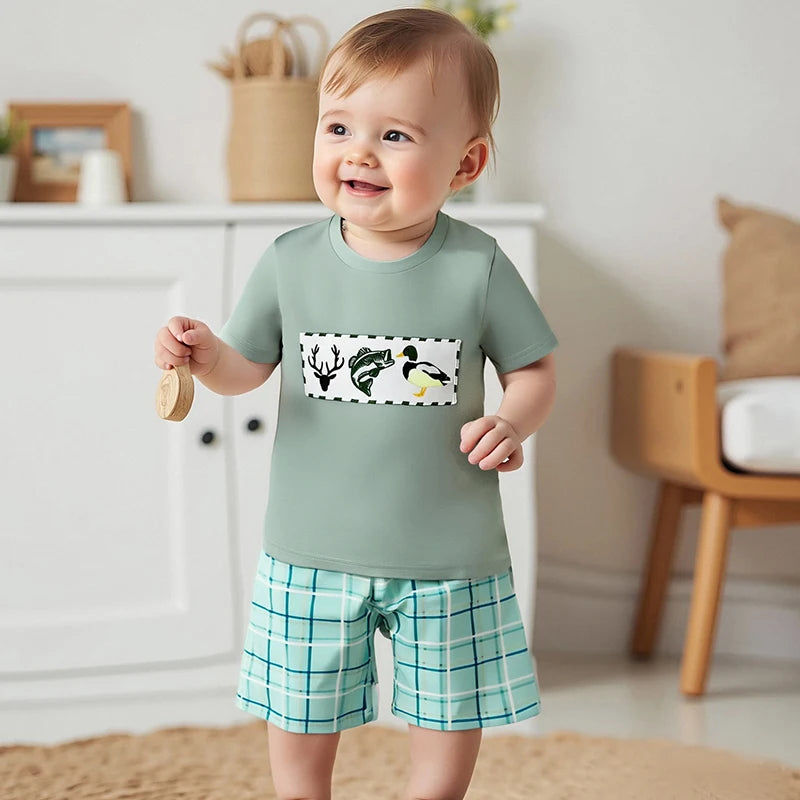 Boys Summer Outfit Set with Short Sleeve O Neck Duck Embroidered Top and Plaid Shorts for a Stylish Look