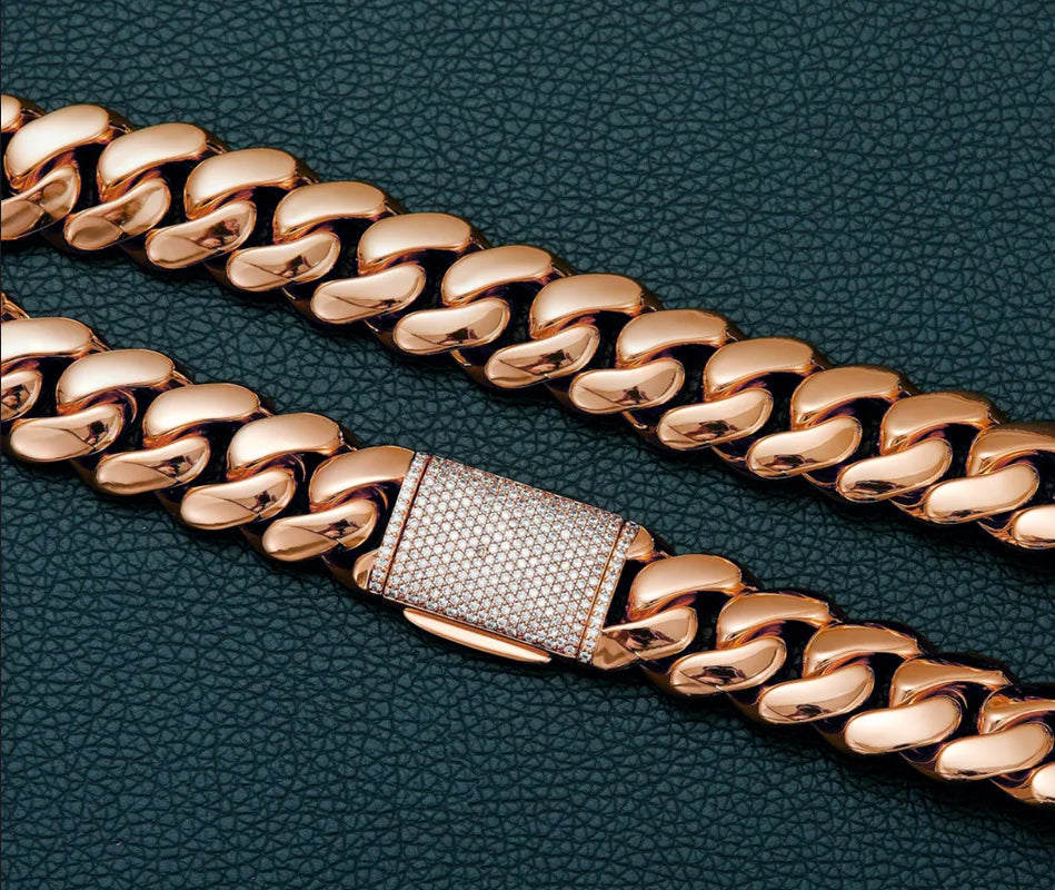 8-22mm Rose Gold  316L Stainless Steel  Cuban Miami Link Chain Iced Out CZ Box Clasp Necklace Fashion Hip Hop Unisex Jewelry