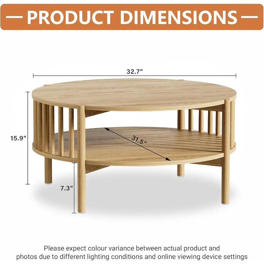 Round Coffee Table for Living Room Wood and Modern Coffee Table with Open Storage ture Oak