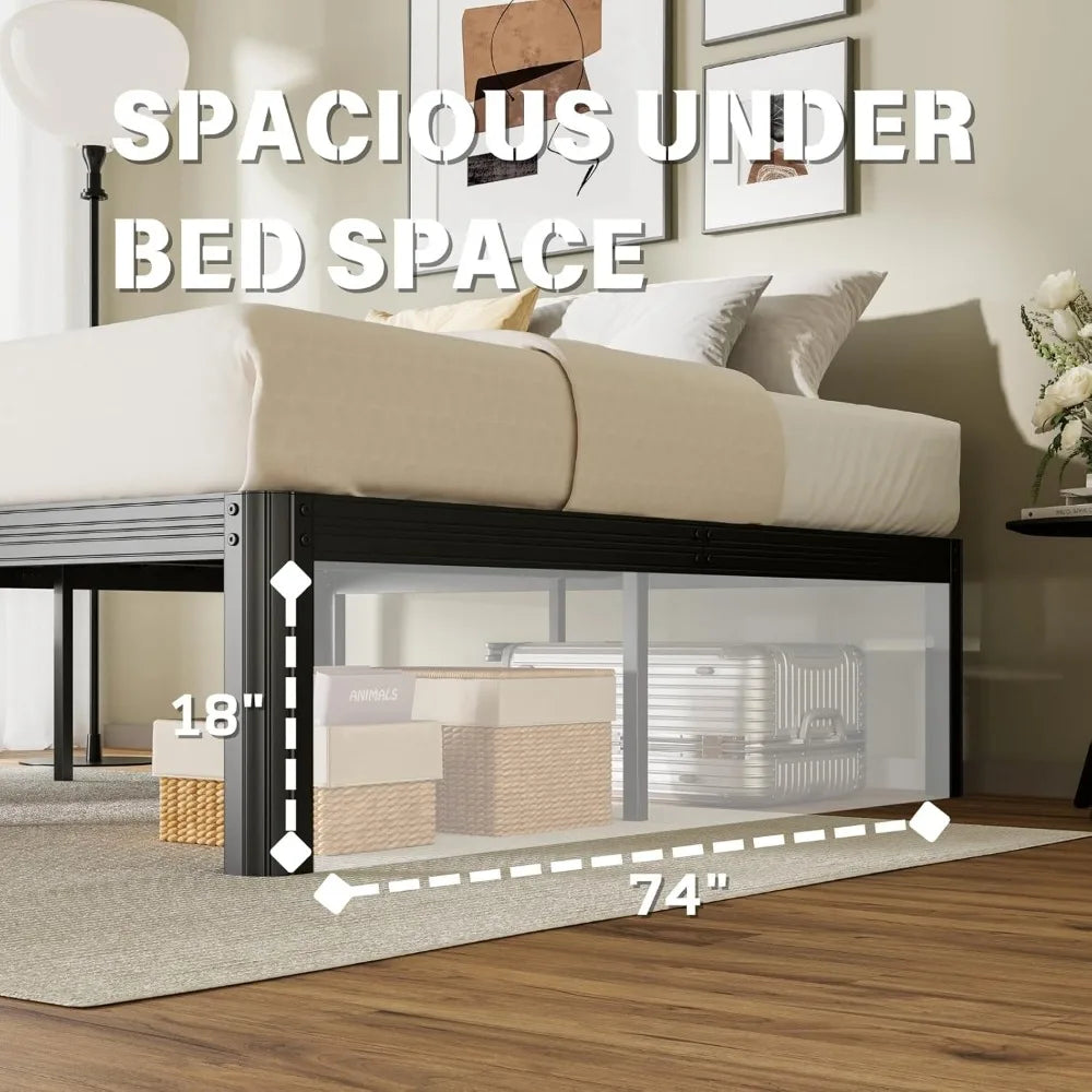 18 Inch Heavy Duty Queen Bed Frame No Box Spring Needed, 3500lbs Weight Capacity Metal Bed Frame Queen Size, Reinforced Metal, E