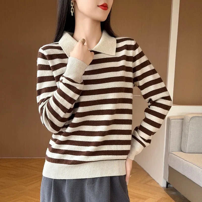Autumn Winter Woman 100% Merino Wool Sweater POLO Collar Pullover Colorful Stripes Knitwear Bottoming Clothing Long Sleeve Tops