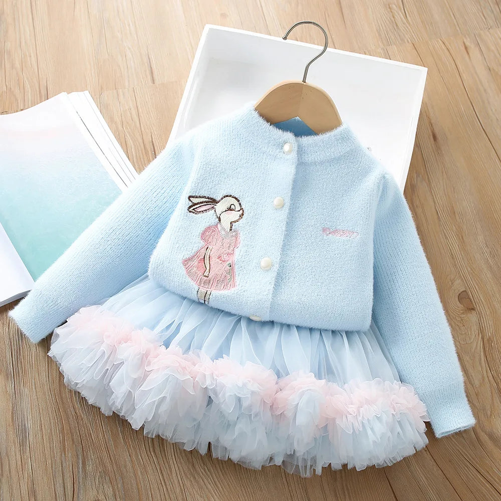 Girl Clothes Set Girls Suits Sweater Cardigan Tutu Tulle Skirt Mesh Ball Gown Baby Toddler Girl Clothing Kids Children Outfit
