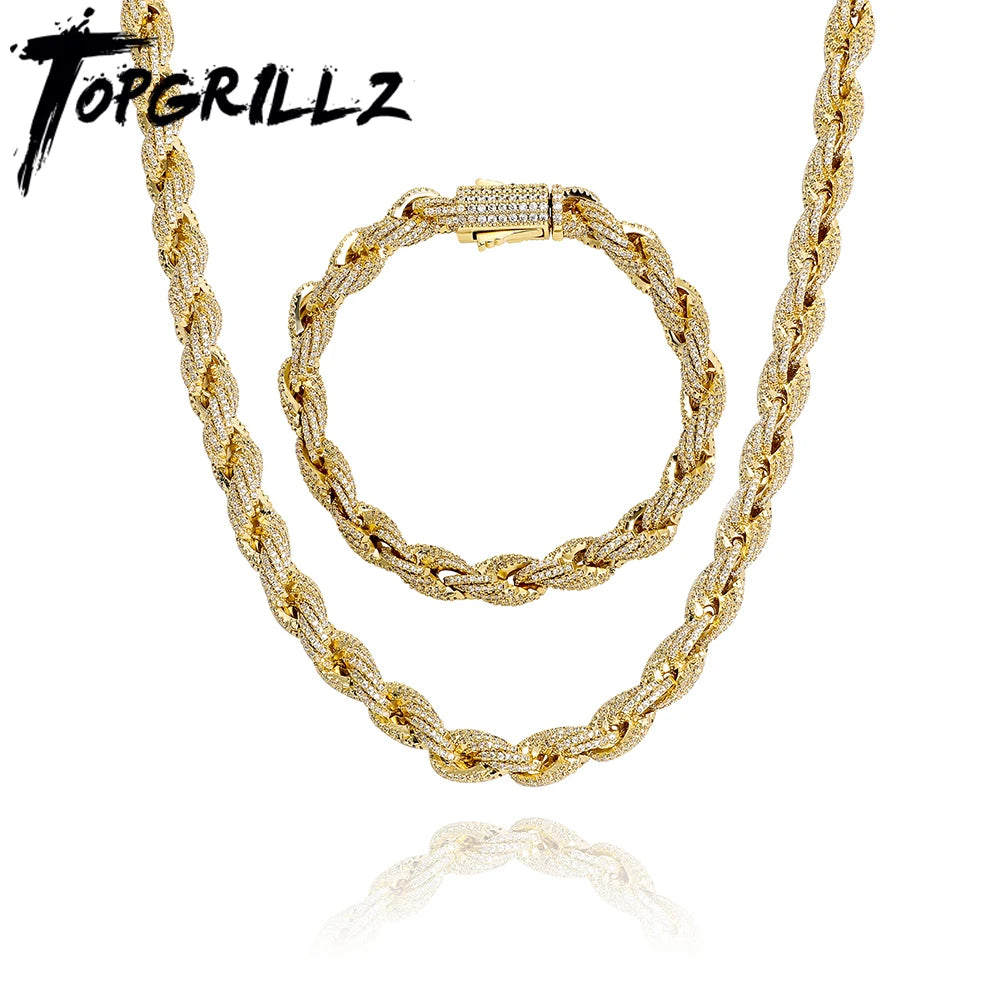 TOPGRILLZ 8mm Rope Chain Hip Hop Necklace Gold Silver Color Iced Out Micro Pave CZ Necklace Men Women Jewelry Gift