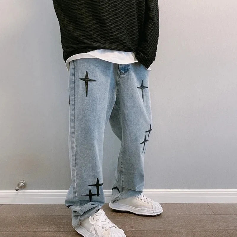New Baggy Men's Jeans Embroidery Fashion Loose Denim Pants Streetwear Hip Hop Straight Wide Leg Trousers Casual Men Clothing