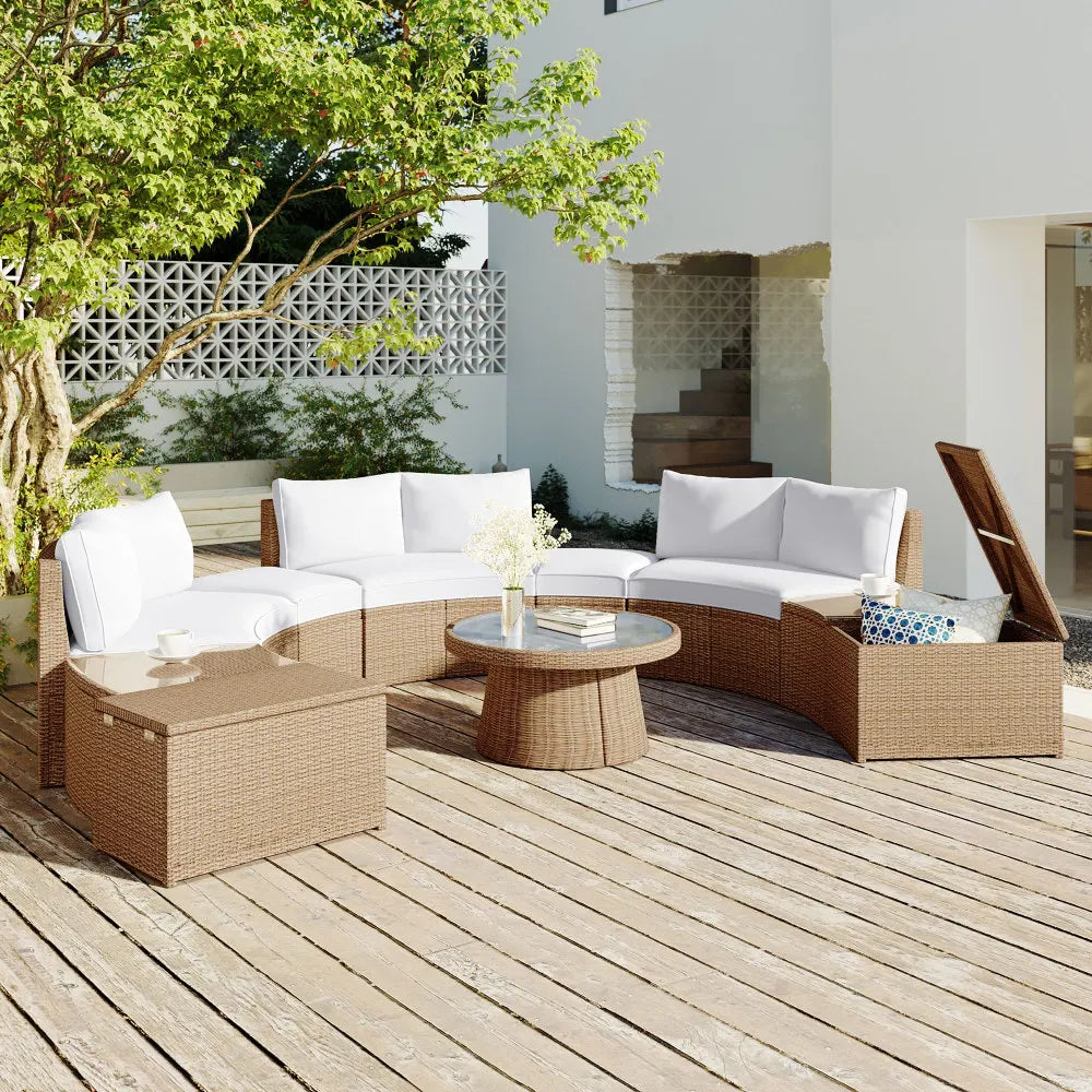 10-Piece Outdoor Sectional Half Round Patio Rattan Sofa Set, PE Wicker Conversation Furniture Set for Free Combination, White