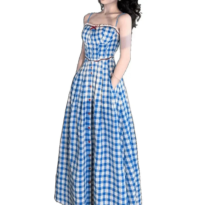 Summer Plaid Halter Dress Slimming Square Collar French Style Splicing Mini Dress Knee Length Empire Waistline Vintage Checkered