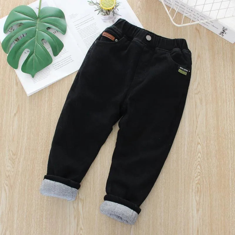 Children's Winter Warm Jeans Solid Plus Velvet Elastic Waist Kid Boy Haren Pants Vintage Soft Cotton Toddler Boy Carrot Trousers
