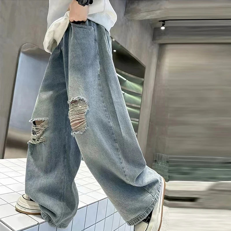 Teenage Versatile Retro Casual Preppy Wide Leg Straight Leg Long Loose Washed Denim Jeans